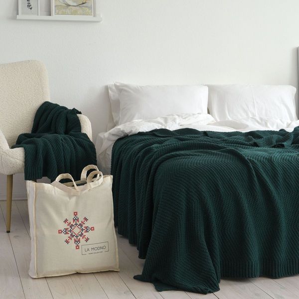 Покривало 130x170 LA MODNO WoolCotton Balance Emerald (50% вовна, 50% бавовна) темно-зелене 200425 фото